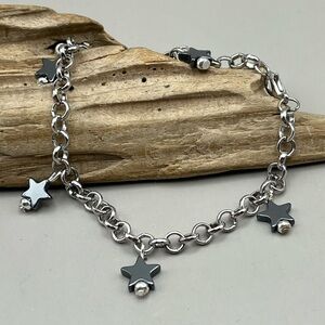 Celestial Hematite Star Dangle Chain Link Charm Bracelet -Everyday Wear